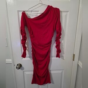 Susana Monaco Elegant One Shoulder Red Dress Long Sleeve With Ruching